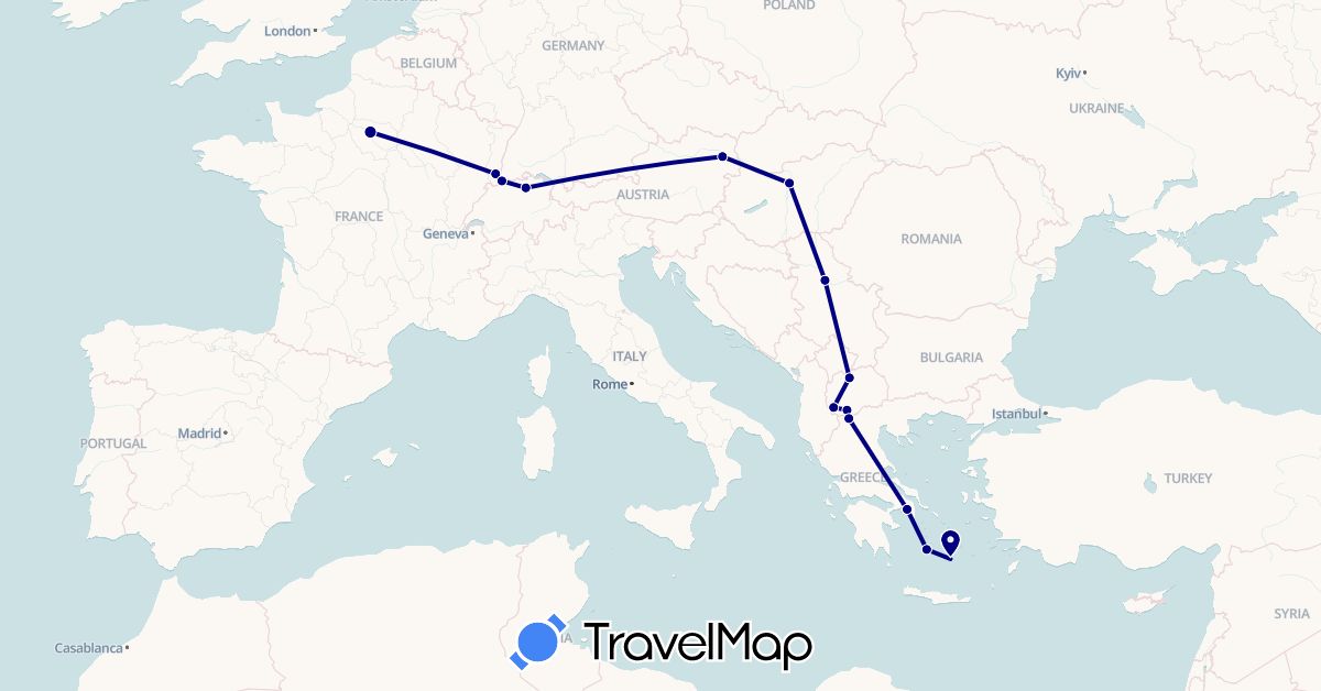 TravelMap itinerary: driving in Austria, Switzerland, France, Greece, Hungary, Macedonia, Serbia (Europe)